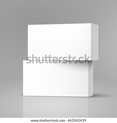 one right tilt blank paper box stacking on another one, 3d illustration, can be used as design element, isolated gray background, side view