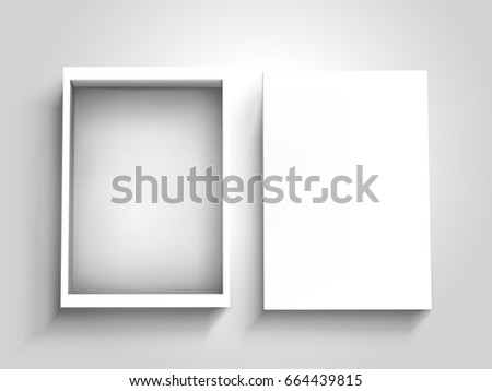 blank open flat box with separate lid beside it, isolated silver gray background, 3d illustration top view