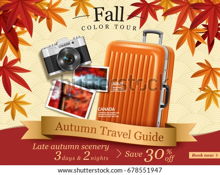 Fall color tour ads, autumn travel guide ads for travel agency or website with elegant maples frame and luggage, camera elements in in 3d illustration