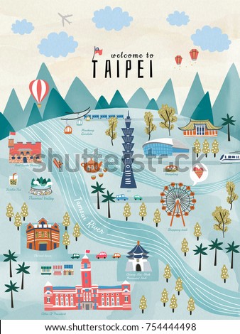 Lovely Taiwan travel concept, hand drawn style illustration with famous attractions in Taipei