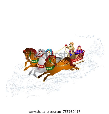 New Year's illustration, Young man in a sleigh carries a Snow Maiden, on three horses, on loose snow, cartoon on a white background, vector