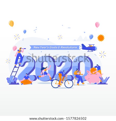 Happy new year 2020. Goals and resolutions 2020 concept illustration. tiny people having fun with their goals in 2020. suitable for web, banner, poster and landing page.