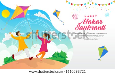 Happy Makar Sankranti greeting card design. cartoon indian boy and girl playing kite in the field celebrating Makar Sankranti festival