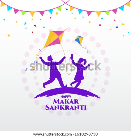 Happy Makar Sankranti greeting card design. cartoon indian boy and girl playing kite in the field celebrating Makar Sankranti festival