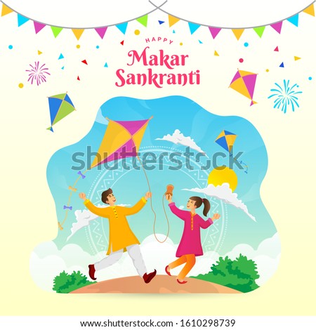 Happy Makar Sankranti greeting card design. cartoon indian boy and girl playing kite in the field celebrating Makar Sankranti festival