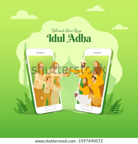 Selamat hari raya Idul Adha is another language of happy eid al Adha in Indonesian. muslim family sharing the meat of sacrificial animal for poor people through smartphone screen concept