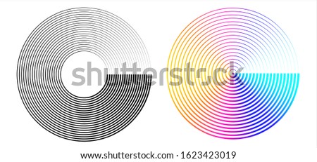 Design element many streak. Isolated bold vector colors & black ring from thin to thick. Radar circle. Symbol monitor airplane . Vector illustration EPS 10 for your tech presentation flyer layout