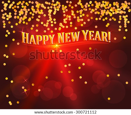 Card Happy New Year on bright red background festive glittering gold confetti . Concept of the beginning year open path prosperity & well-being.