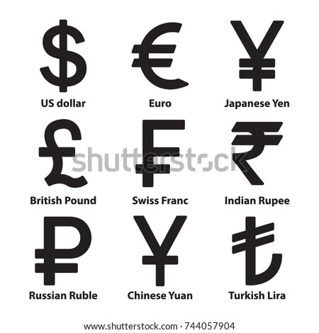 Currencies symbol icons set. Dollar, Euro, Ruble, Yuan, Yen, Lira, Swiss Franc, Indian Rupee and British Pound. Vector