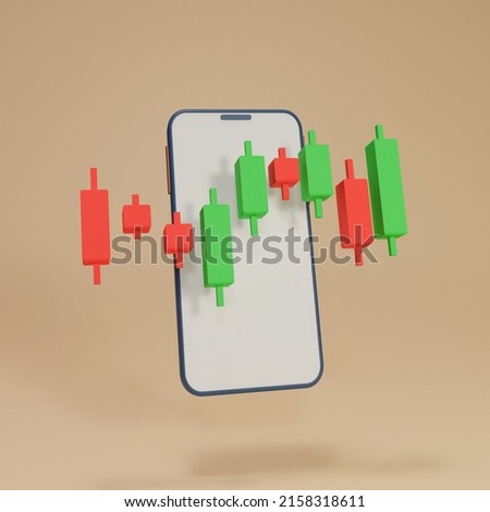 Mobile trading platform and coin on isolated background use for banner, 3D Investment trading stock market. Crypto currency, candlestick chart, financial, index, Bullish. 3D rendering. 商業照片 © 