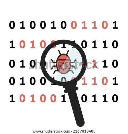 A software bug was found in the binary code on white background. Malware, Virus, scam, infographic, Vector illustration.