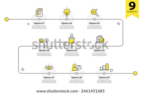 Infographic design template. Timeline concept with 9 options or steps template. layout, diagram, annual, report, presentation. Vector illustration.