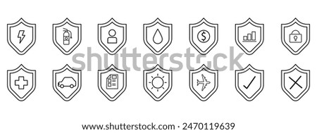 Set of security shield icons, short circuit, fire, life insurance, flood, finance and investment, safety, travel, information, outline vector, protect icon vector illustration.