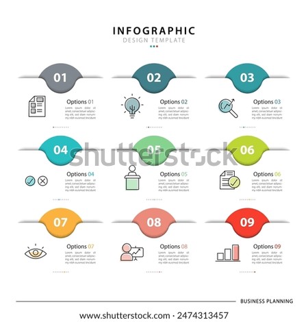 Infographic design template. Timeline concept with 9 options or steps template. layout, diagram, annual, report, presentation. Vector illustration.