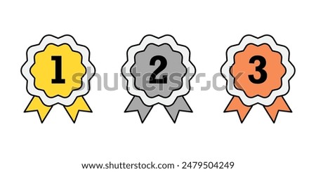 Gold, silver and bronze medal icons set, 1st 2nd 3rd symbol isolated background, winner flat simple infographics design template. Rosette award vector illustration.