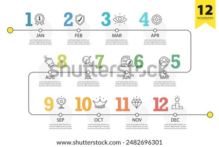 Timeline calendar infographic template. 12 Step timeline journey, Simple flat year plan infographics. Business concept with 12 options, diagram vector illustration.