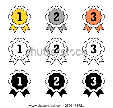 Gold, silver and bronze medal icons set, 1st 2nd 3rd symbol isolated background, winner flat simple infographics design template. Rosette award vector illustration.