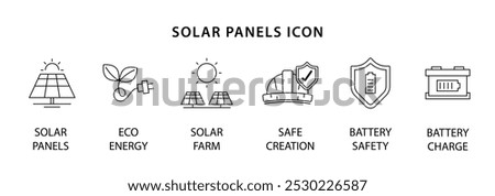 Solar panels icons set. solar energy flat simple for infographics design. Eco , Solar farm, Safe creation and construction, Battery safety, vector illustration.