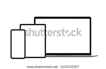 Front view electronic devices: laptop, tablet and smart phone isolated with empty screen. Vector illustration.