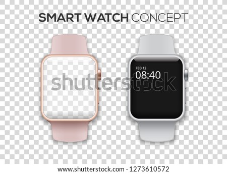 Concept of two colored smart watches - pink and silver with big empty screens. High quality vector illustration isolated on transparent background.