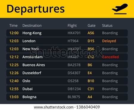 Airport electronic board schedule departures, showing flights, time, destination, gate and status in real time. Vector quality illustration.