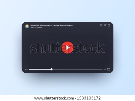 Video player template for mobile, black screen with red round button and timeline. Tube window online. Smartphone video player mock up. Vector illustration in 3d style.