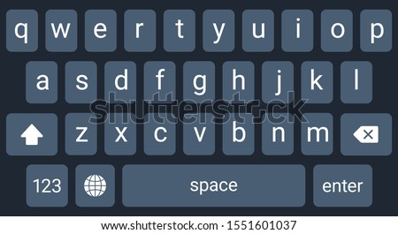 Smartphone keyboard in dark mode, keypad alphabet buttons in modern flat style, mobile phone tab panel for black color text app, vector illustration.