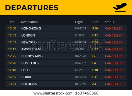 Departure board with all flights cancelled status. Airport schedule template with all flight info: time, destination, gate. Electronic board concept for railway and bus station . Vector illustration.