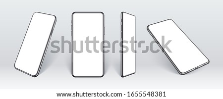 Realistic mobile phones in different angles isolated, Perspective view cell gadget with empty screen for showing ui ux app design or website. 