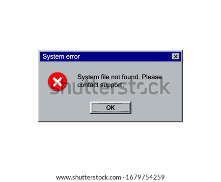 Old error window, abstract alert interface element in vintage style with red icon and ok button. Classic window error message mockup.