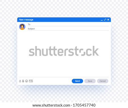 Email window template isolated on transparent background with shadow, new message interface mockup. Computer desktop screen of mail page. Internet webpage window illustration.