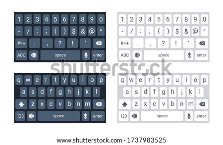 Phone keyboard mockup, qwerty keypad alphabet buttons and numbers in flat style, mobile phone tab concept for text app in light and dark mode, vector illustration. Social media panel for devices.