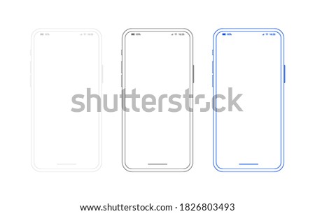Smartphone outline mockup, different colors set. Generic mobile phone in front view and empty screen for ur app design or web site presentation. Black, white and blue template in line style.