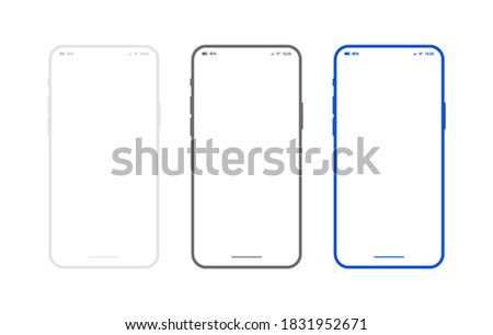 Flat smartphone mockup set white, black and blue colors. Generic mobile phone in front view and empty screen for app design or web site presentation. Outline vector device frame in front view.