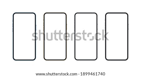 Realistic smartphone mockup, blue, gold, silver and black mobile isolate concept with blank screens. High detailed 3d vector phone in front view ready to show app and web design. Vector illustration.