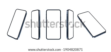 Blue smartphone realistic mockup, set of different angles mobile phone isolated. Blank screens for present app or web design. 3d cellular concept on white background, vector illustration.