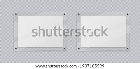 Acrylic frame mockup, two landscape glass plate for poster of photo, realistic mockup isolated hanging on transparent wall. White blank banners on plexiglass display, 3d vector illustration.
