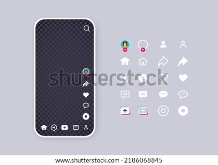 Tiktok social media app interface concept and icon flat and outline set. White phone screen ui mockup with like icon, search, home button, add new video button. Photo or video frame for mobile app. Imagine de stoc © 