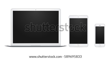 Set of white laptop, tablet and phone, all single and isolated, with blank screens.