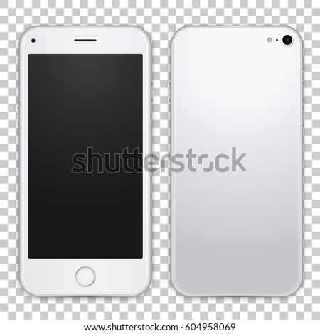 White mobile phone concept, front view and back side with shadows on transparent background. Smart phone with camera, power and volume buttons. Vector realistic high detailed illustration.