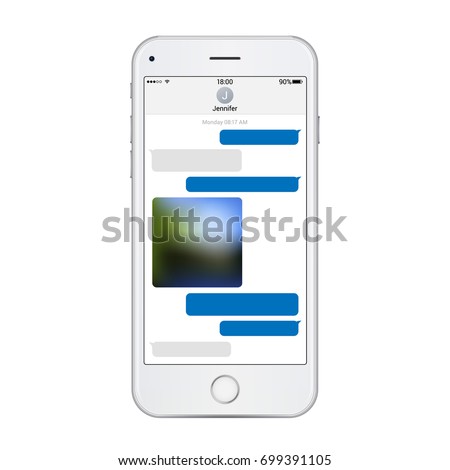 Realistic phone template with chat messenger on screen. Vector detailed illustration isolated on white background.