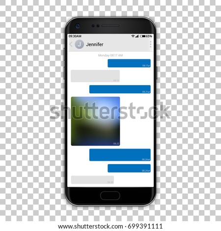 Chat messenger on phone screen, vector illustration. High detailed quality black smartphone mockup with screenshot of chatting app.