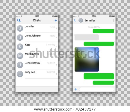 Two chat screens templates, Contacts page mockup and text bubbles messeges, and sended media file. Vector editable illustration.