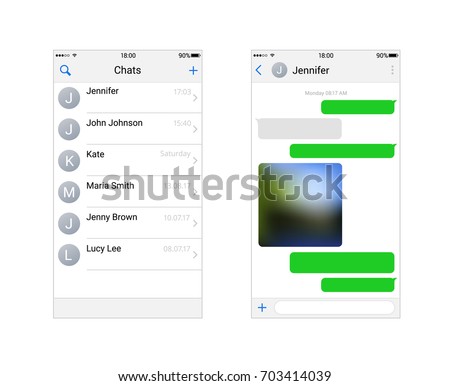 Two chat screens templates, Contacts page mockup and text bubbles messages, and sended media file. Vector editable illustration isolated on white background.