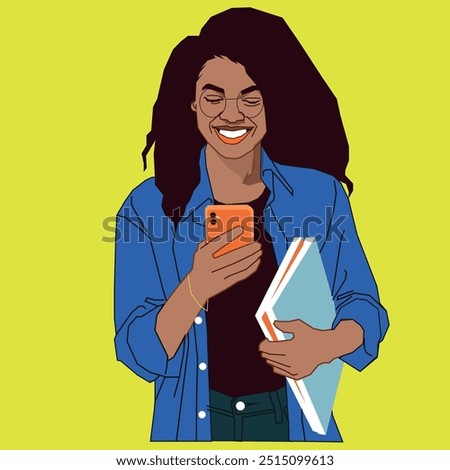 A young African American student checking her mobile phone for communication wearing glasses and carrying books in her left hand