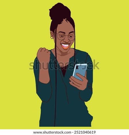 A young African American lady excited with her phone conversation wearing glasses