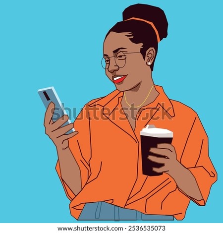 A young African American woman checking her cell phone messages holding a cup of coffee on a left hand 