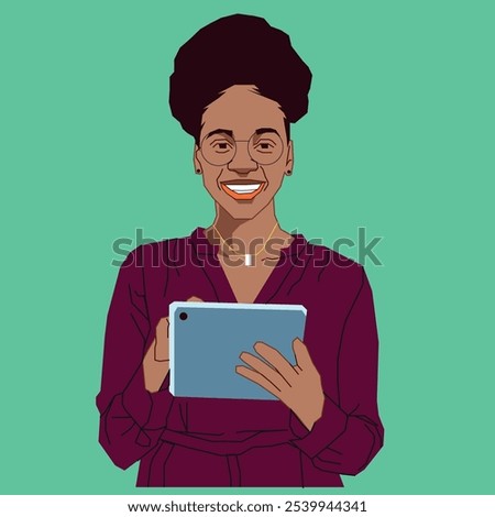 A young African American lady with a mobile tablet checking her messages while wearing glasses.