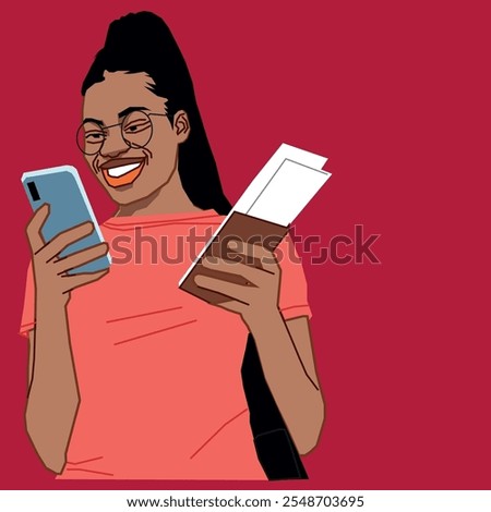 A young African American student checking her mobile phone conversation with a passport on her left hand