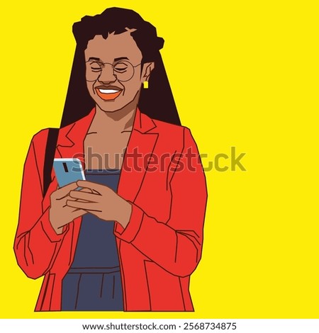 A young African American lady in a red coat checking her cell phone